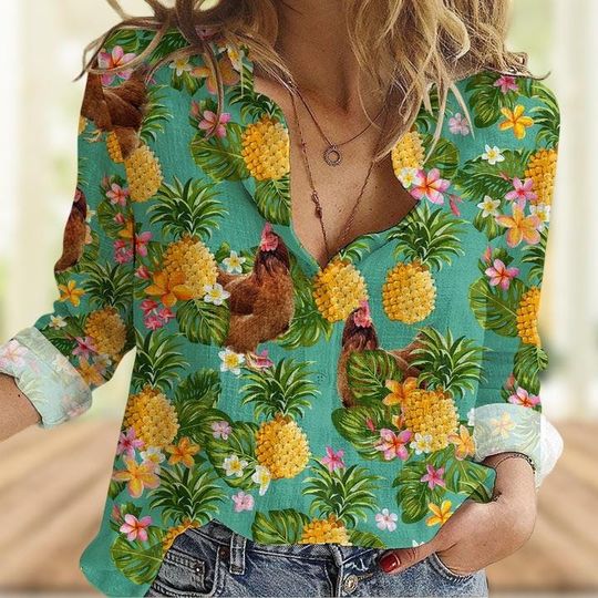Discover Chicken Tropical Casual Linen-Look Blouse for Women