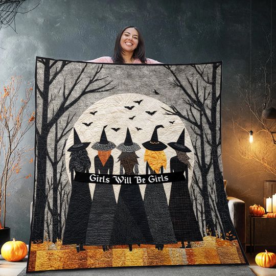 Halloween Witch Quilt Blanket, Girls Will Be Girls Full Moon Witches Design, Cozy Fall Throw, Gift for Sisters Best Friends Women