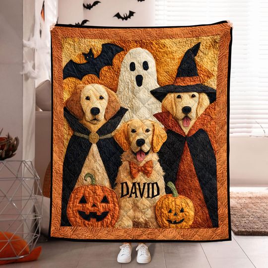 Custom Halloween Golden Quilt Blanket, Halloween Autumn Ghost Golden Throw, Cozy Spooky Season Blanket for Sofa Bed, Golden Lover Gift