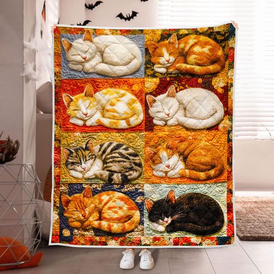 Discover Cat Lover Quilt Blanket, Sleeping Cats Quilt Blanket, Fall Home Decor Bedding, Halloween Cat Lover Gift, Gift for Cat Mom Dad, Animal Decor