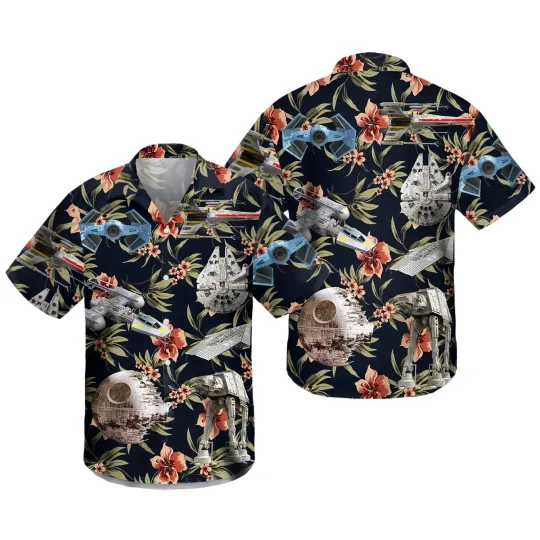 Discover Disney Star Wars Space Ships Death Star Aloha Black Hawaiian Shirt