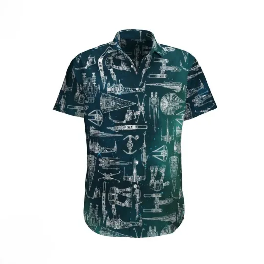 Discover Disney Star Wars White Starships Metallic Green Hawaiian Shirt