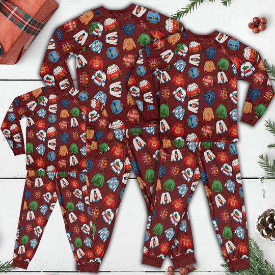 Discover Funny Ugly Sweater Pattern Pajamas Set, Family Christmas Outfit, Xmas Party Sleepwear, Christmas Gift, 2025 Trendy Pajamas Set, Holiday Pjs