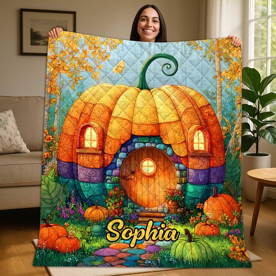 Discover Personalized Pumpkin House Quilt Blanket, Cozy Autumn Fall Throw, Custom Halloween Bedding, Whimsical Harvest Home Decor Gift, Pumpkin House