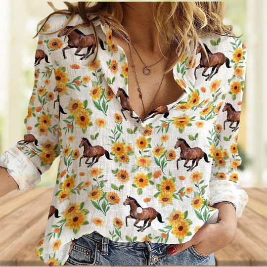 Discover Floral Horse Casual Women's Blouse, Spring Flowers Shirt