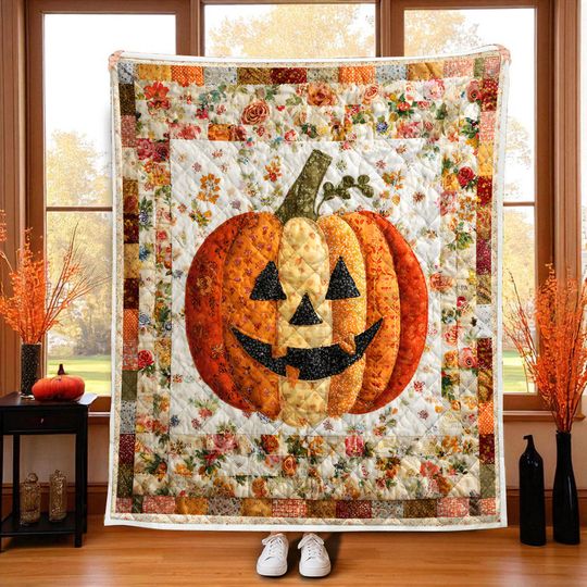 Discover Pumpkin Quilt Blanket, Halloween Autumn Vibes Throw, Cozy Spooky Season Blanket for Sofa Couch Bed, Fall Decor Gift for Her