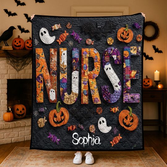 Discover Custom Autumn Nurse Halloween Quilt Blanket, Custom Nurse Pumpkin Ghost Candy Patchwork Design Throw, Nurses and Healthcare Workers Gift