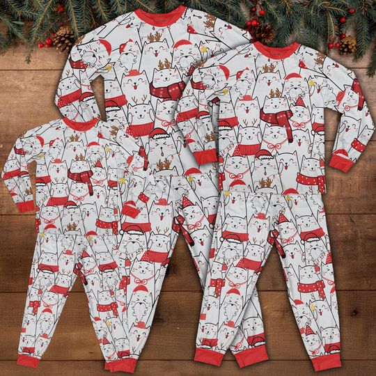 Discover Cute Cartoon Cat Christmas Pajamas Set, Cat Xmas Holiday PJs, Magic Kingdom Sleepwear, Cozy Xmas Pajama Outfit, Winter Nightwear, Cat Gift