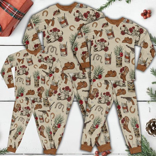Western Cowboy Tiki Family Pajamas Set, Howdy Cowdy Sleepwear,Unique Western Tiki Pajamas,Holiday Xmas Party Outfit,Tiki Clothe,Western Gift