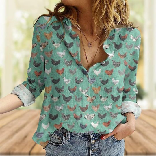 Chicken Casual Blouse, Chicken Lover  Shirt, Long Sleeve Animal Print Top