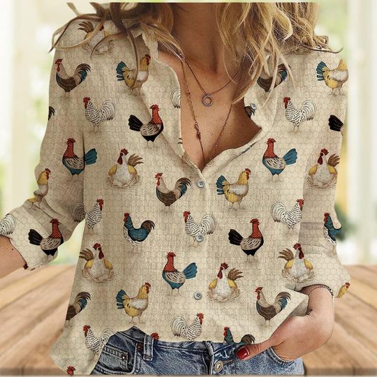 Women's Chicken Style Blouse, Funny Farmer Top, Animal Print Shirt, Chicken Lover Gift
