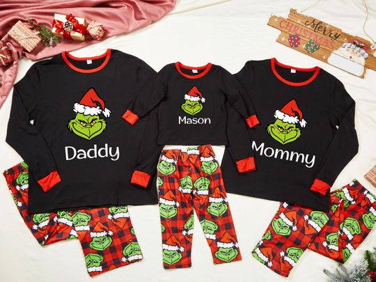 Family Matching funny character Family Pajamas Personalized Christmas Family Pajamas w/Name, Monogram Christmas Gifts, Xmas Eve Family Matching Pjs
