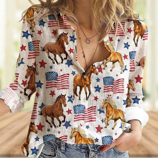 Discover Women’s 4th of July Horse Patriot USA Flag  Blouse, Casual Farm Shirt