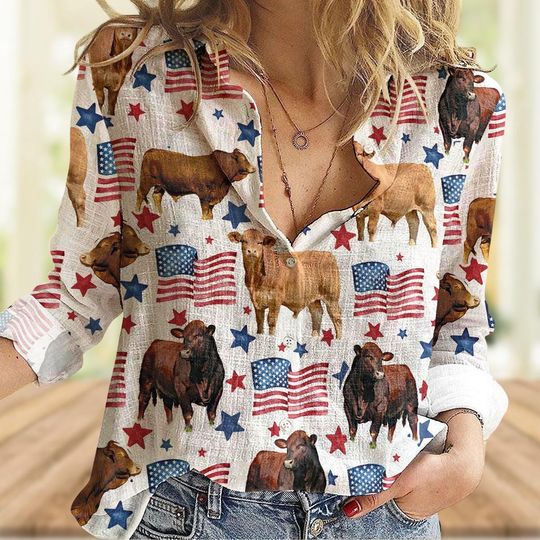 Discover Beefmaster Patriot USA Flag Casual Shirt for Women, Farm Lover Button Blouse