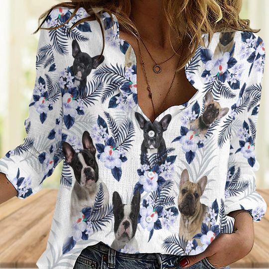 French Bulldog Hibiscus Shirt for Women, Pet Floral Casual Blouse