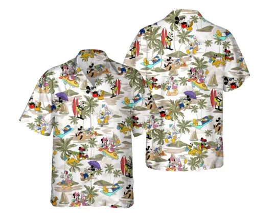 Discover Disney Retro Mickey Friends Summer Beach Palm Tree Family Trip Hawaiian Shirt