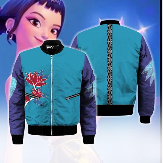 Zoey Flower Bomber Jacket, Huntrix Zoey Halloween Costume, Kpop Demon Hunters Cosplay, Kpop Zoey Floral Jacket, Huntrix Zoey Bomber Jacket