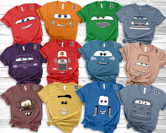 Discover Disney Cars Face Outline Family Matching Shirt, Halloween Cars Costume Shirt, Disney Birthday Crew, Cars Group, Lightning McQueen,Tow Mater