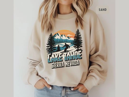 Discover Retro Lake Tahoe Sierra Nevada Skiing Sweatshirt, Vintage Mountain Adventure Crewneck Jumper Outdoor Retro Apparel Souvenir, Gift for Skiers