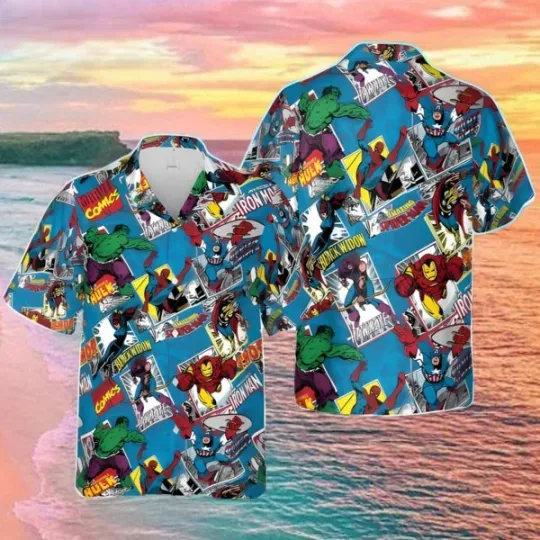 Discover Disney Marvel Super Heroes Collage Blue Hawaiian Shirt