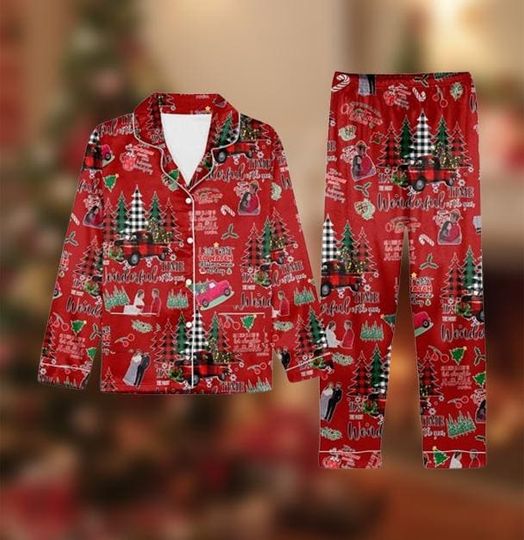 Red Christmas Pajama Set, Holiday Tree Print Sleepwear, Festive Winter Loungewear Outfit, Cozy Xmas Nightwear, Gift for Her