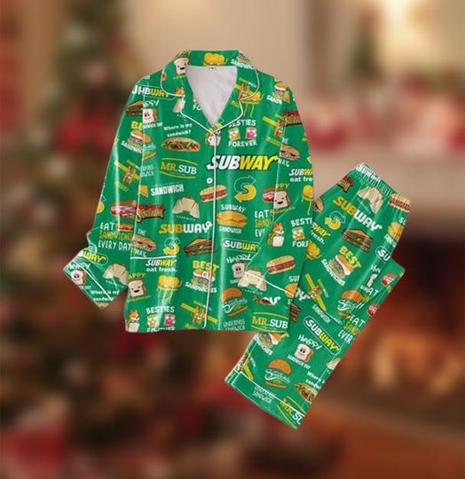 Discover Sandwich Print Pajama Set, Green Fast Food Sleepwear, Burger Fries Loungewear Outfit, Foodie Nightwear Shirt and Pants, Fun Gift for Her