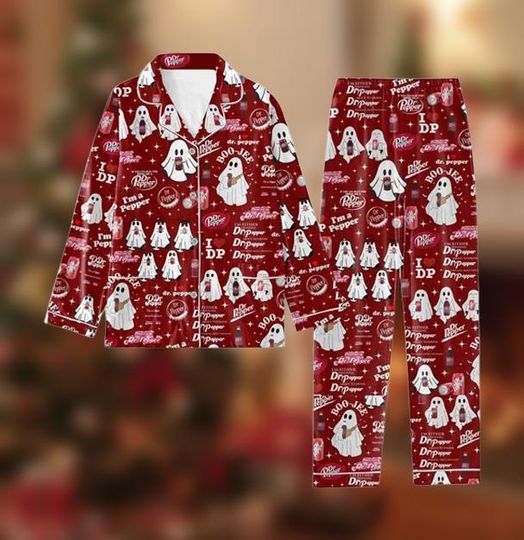 Halloween Ghost Pajama Set | Soda Print Loungewear | Fun Red Sleepwear for Drink Lovers | Spooky Nightwear Gift