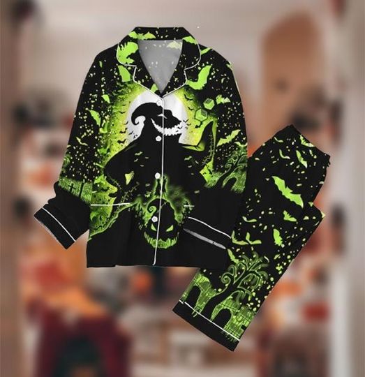 Discover Halloween Pajama Set | Spooky Green Glow Sleepwear | Gothic Nightwear with Witch Silhouette | Creepy Cute Loungewear for Women & Men