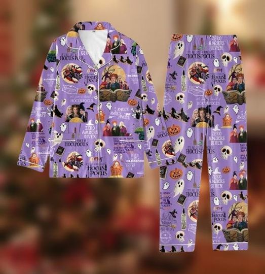 Hocus Pocus Halloween Pajamas Set, Long Sleeve PJs, Sanderson Sisters Sleepwear, Cozy Spooky Nightwear for Women, Halloween Gift