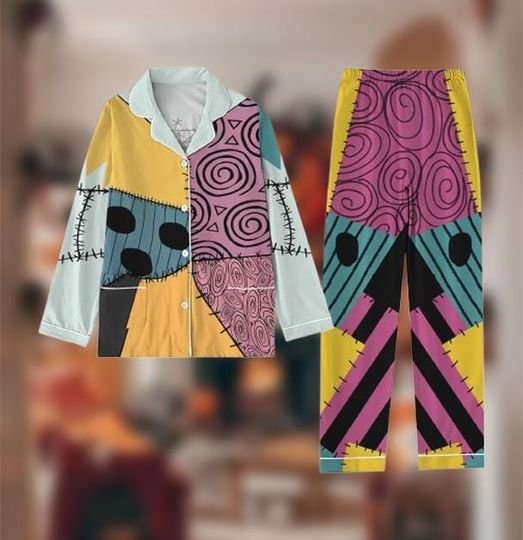 Patchwork Halloween Pajama Set | Colorful Spooky Sleepwear | Gothic Nightmare Inspired Loungewear | Fun Cozy Pajamas for Women & Men