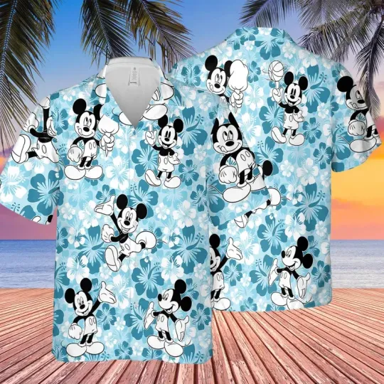 Discover Disney Mickey Disneyland Family Summer Trip Hibiscus Blue Hawaiian Shirt