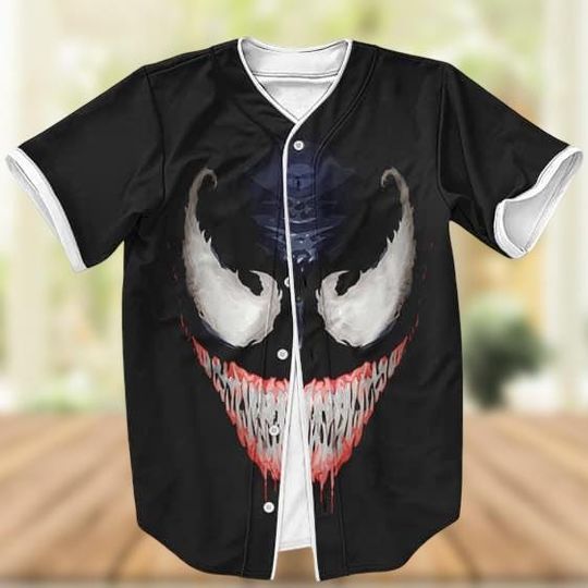 Venom Symbiote Creepy Smile Black Baseball Jersey, Superhero Movie Baseball Shirt for Fans