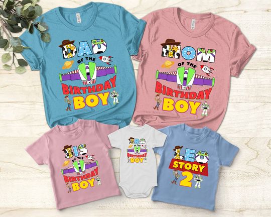 Discover Personalized Toy Story Pixar Birthday Family T-shirt, Custom Dad Mom Kid Name Toy Story Birthday Tee Disney Buzz Woody Jessie Birthday Shirt