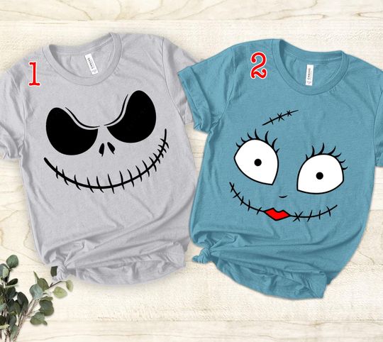 Halloween Couple Tshirt JACK SALLY White Face Halloween Party Funny Couple Matching Tee Shirts