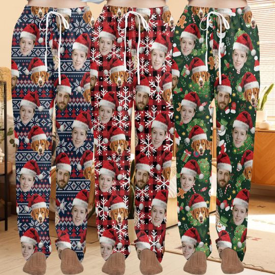 Discover Custom Face Christmas Pajama Pants for Women, Men, and Kids, Personalized Family Matching Pajamas