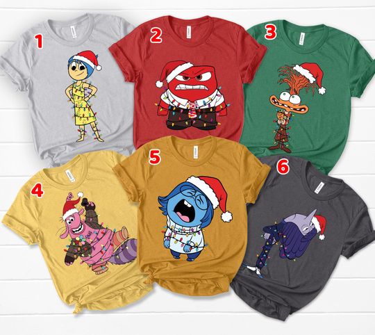 Discover Disney Inside Out 2 Characters Christmas Lights Santa Costume Tee, Joy Anxiety Anger Sadness Ennui Tee, Disney Family Xmas Matching Trip