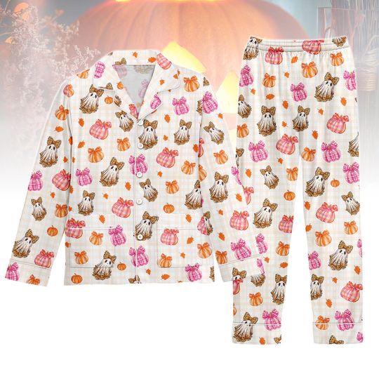 Discover Halloween Ghost Satin Pajama Set with Long Sleeve Pumpkin and Plaid Bow