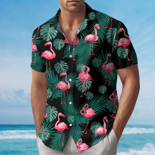 Flamingo Button Shirt, Pink Bird Hawaiian Shirt