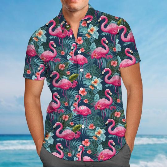 Discover Cute Flamingo Button Shirt for Men, Pink Hawaiian Tropical Shirt
