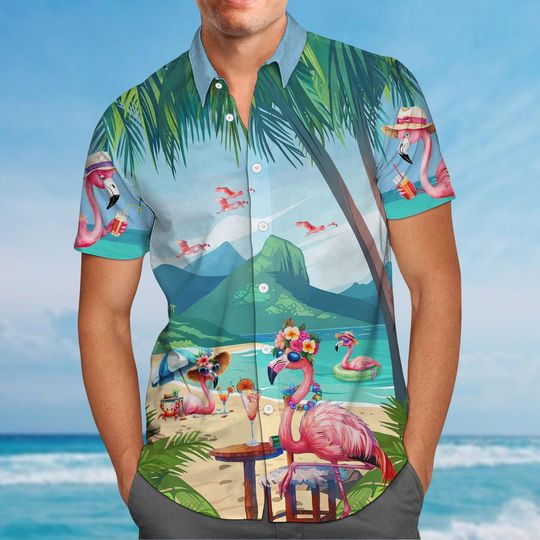 Discover Cute Flamingo Button Shirt for Men, Pink Hawaiian Tropical Family Vacation Shirt