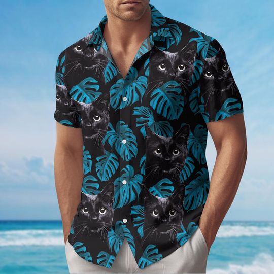 Discover Black Cat Hawaiian Shirt, Cute Animal Short Sleeve Shirt, Tropical Vacation Shirt