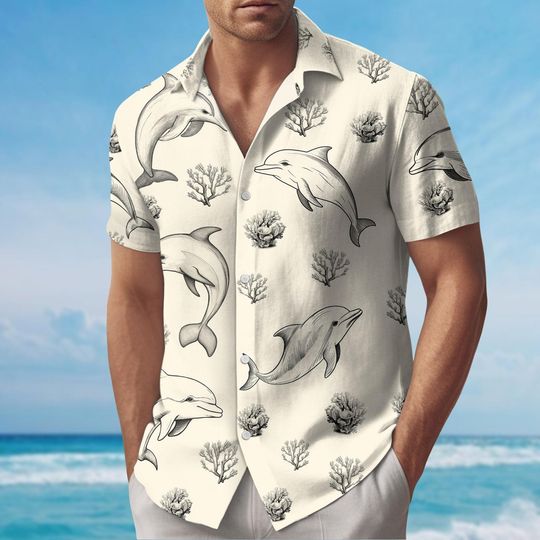 Discover Dolphin Button Shirt, Ocean Hawaiian Shirt, Tropical Short Sleeve Shirt