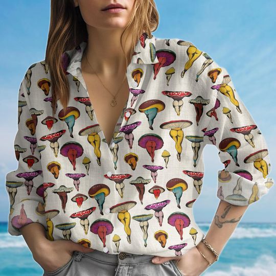 Discover Mushroom Blouse, Nature Lovers Women’s Shirt, Tropical Long Sleeve Blouse