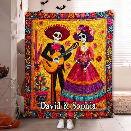 Discover Custom Dia de los Muertos Skeleton Couple Quilt Blanket, Mexican Day of the Dead Quilt, Gothic Love Anniversary Gift, Halloween Blanket Gift