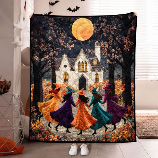 Witches Dancing Quilt Blanket, Halloween Full Moon Haunted House Throw, Colorful Witch Blanket, Spooky Fall Blanket Gift, Witchy Blanket