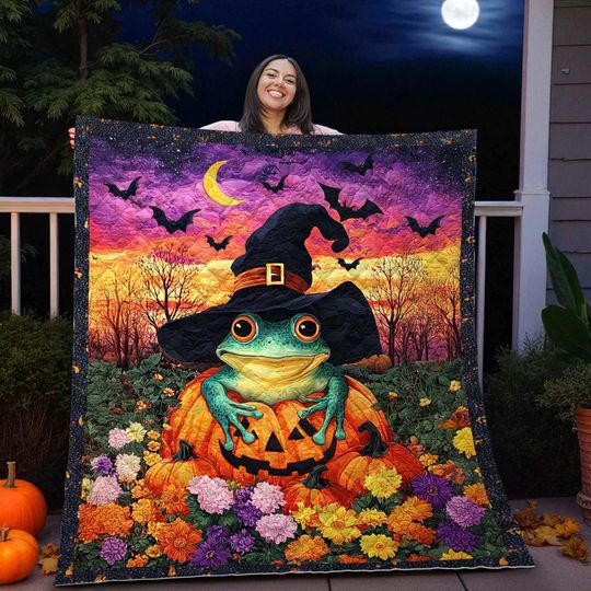 Halloween Frog Quilt Blanket, Witch Hat Pumpkin Fall Blanket, Spooky Season Home Decor, Autumn Bed Throw, Halloween Gift