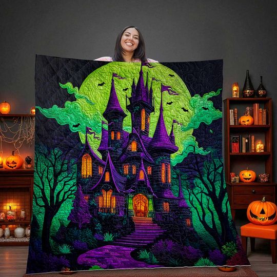 Discover Haunted Castle Halloween Quilt Blanket, Spooky Gothic Castle Throw with Green Moon, Cozy Horror Decor for Autumn and Gift, Scary Halloween