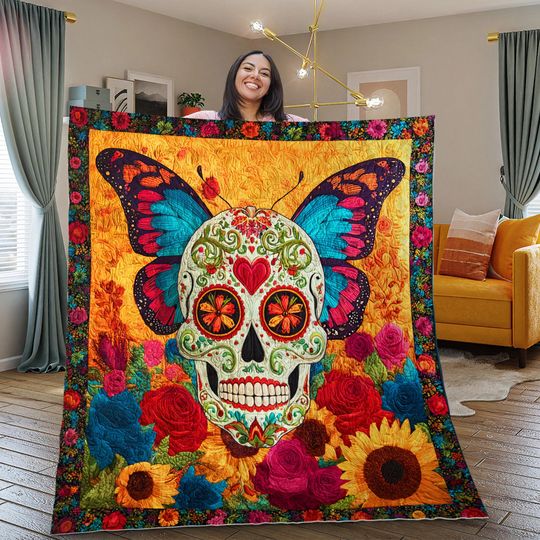 Discover Day of the Dead Sugar Skull Quilt Blanket, Butterfly Skull Tapestry,Skull Muertos Floral Throw, Mexican Skull Decor, Skull Butterfly Blanket