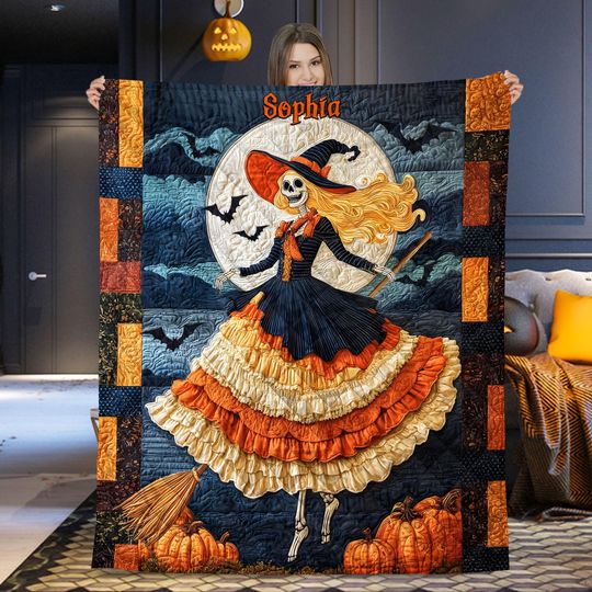 Personalized Halloween Witch And Moon Quilt Blanket, Custom Witch Autumn Throw Blanket, Spooky Fall Home Decor, Hallowen Witch Lovers Gift