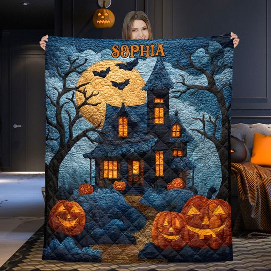 Personalized Halloween Haunted House Quilt Blanket With Pumpkins & Full Moon, Custom Spooky Fall Blanket, Halloween Home Family Gift
